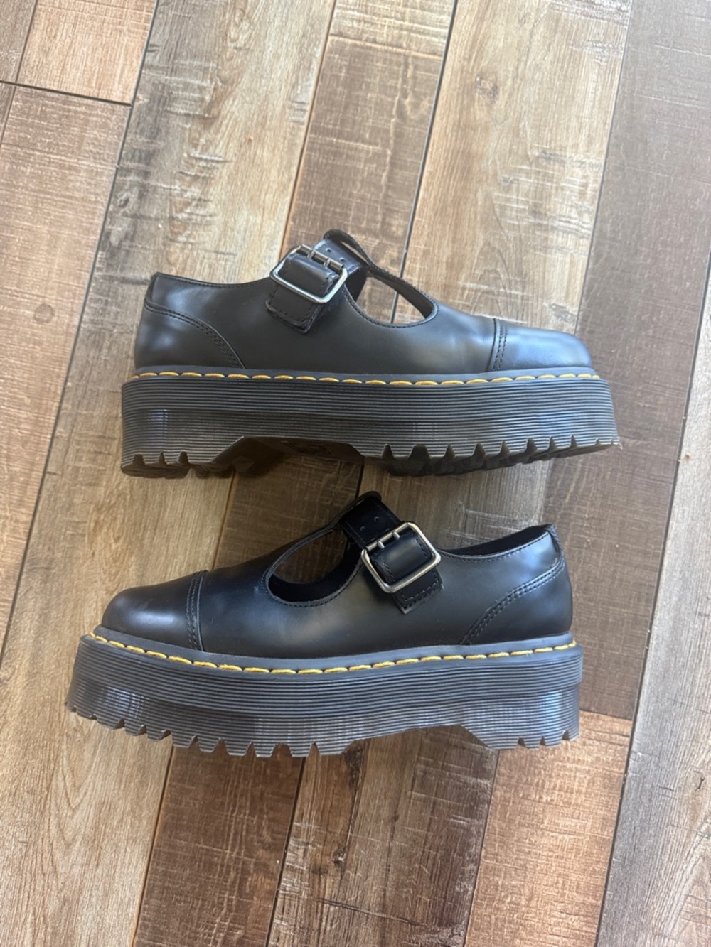 Black Platform Mary Jane Shoes with Yellow Stitching